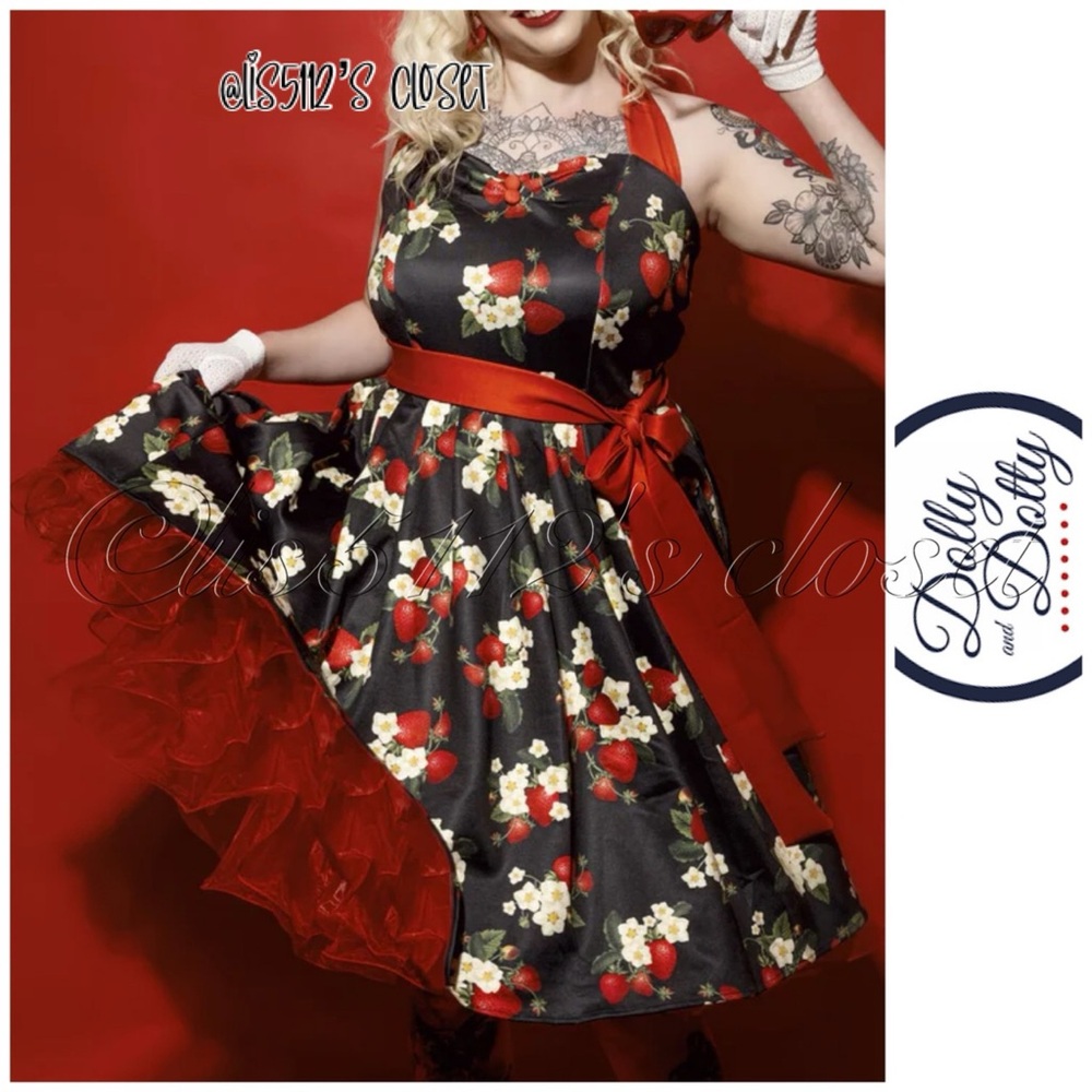 Dolly & Dotty 1950’s Sophia Halterneck Black Strawberry Pinup Swing Dress 18 2X